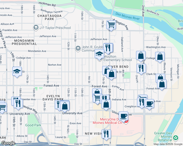 map of restaurants, bars, coffee shops, grocery stores, and more near 1446 8th Street in Des Moines