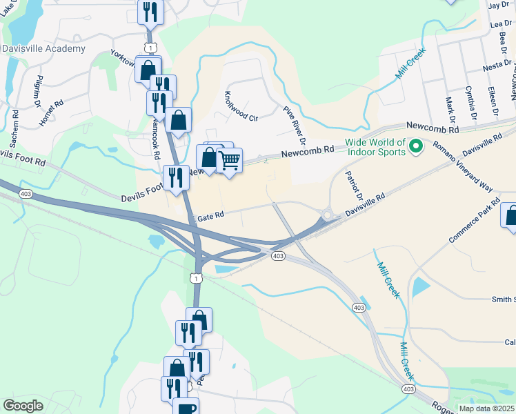 map of restaurants, bars, coffee shops, grocery stores, and more near Gate Road in North Kingstown