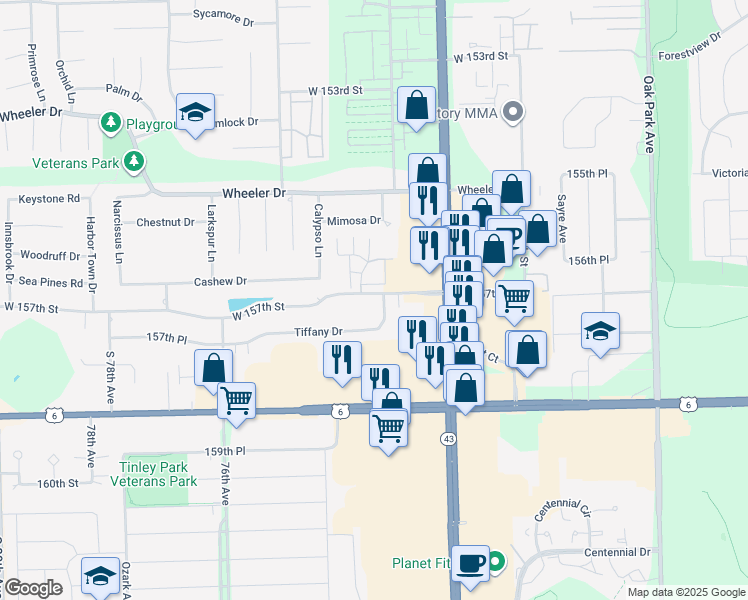 map of restaurants, bars, coffee shops, grocery stores, and more near 7513 West 157th Street in Orland Park