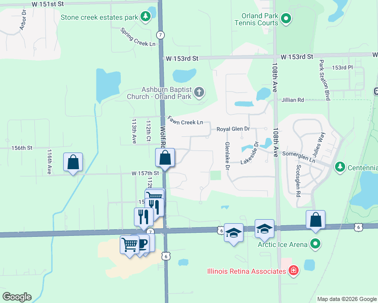 map of restaurants, bars, coffee shops, grocery stores, and more near 15629 Equestrian Drive in Orland Park