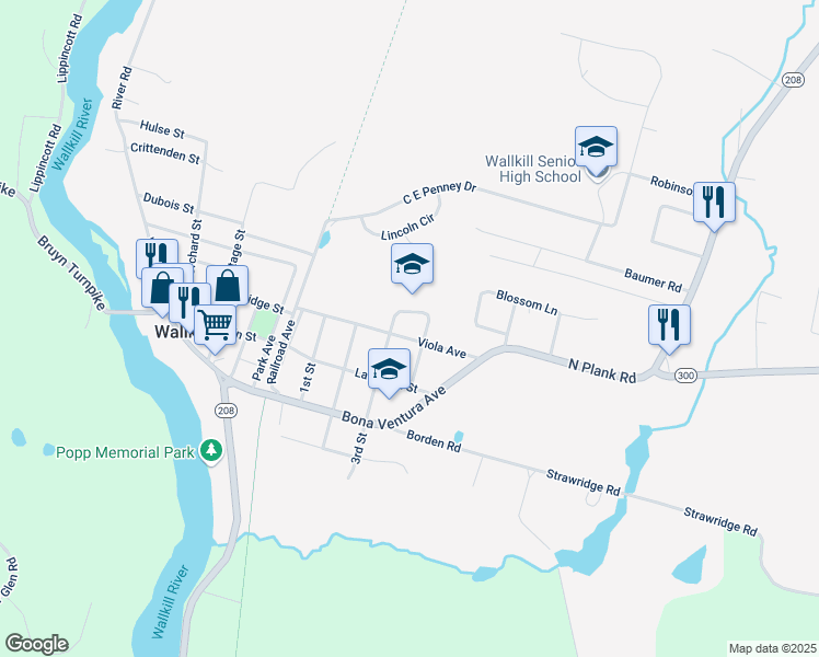 map of restaurants, bars, coffee shops, grocery stores, and more near 135 Viola Avenue in Wallkill