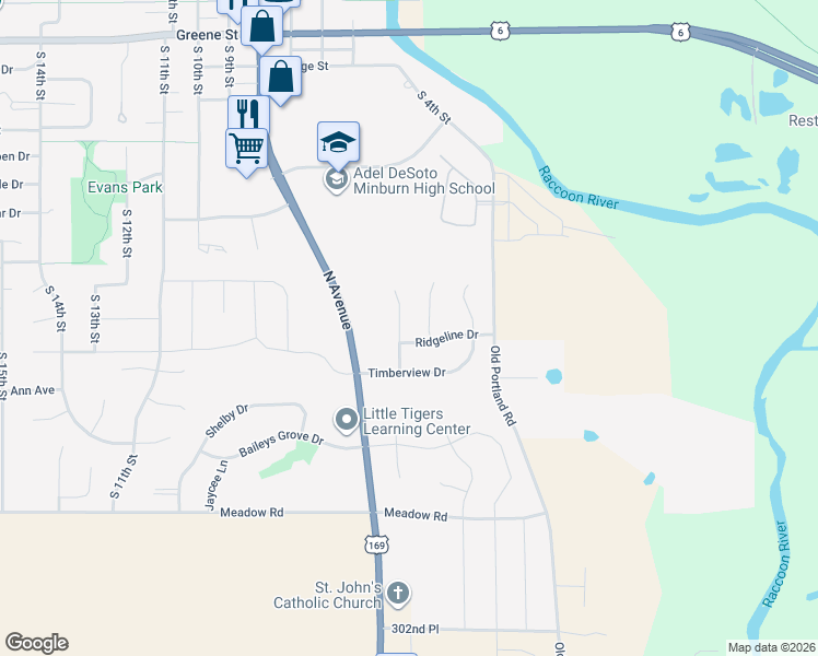 map of restaurants, bars, coffee shops, grocery stores, and more near 1414 South 6th Street in Adel