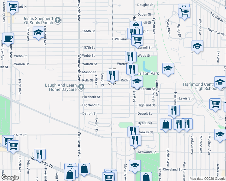 map of restaurants, bars, coffee shops, grocery stores, and more near 4 Waltham Street in Hammond