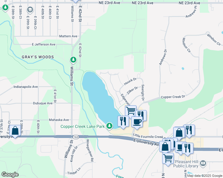 map of restaurants, bars, coffee shops, grocery stores, and more near 1650 Waters Edge Drive in Pleasant Hill