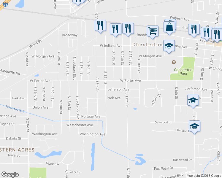 map of restaurants, bars, coffee shops, grocery stores, and more near 1314 Jefferson Avenue in Chesterton