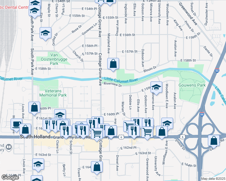 map of restaurants, bars, coffee shops, grocery stores, and more near 15918 Drexel Avenue in South Holland