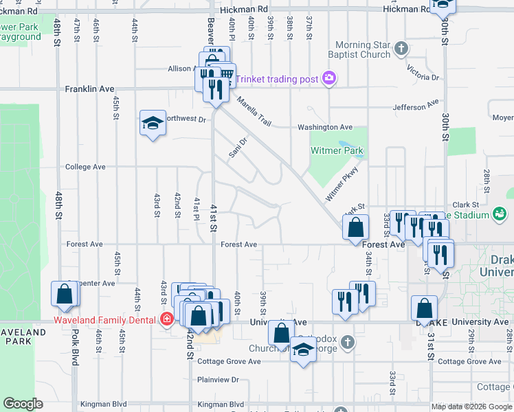 map of restaurants, bars, coffee shops, grocery stores, and more near 3913 Waveland Drive in Des Moines