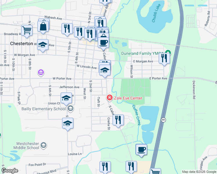 map of restaurants, bars, coffee shops, grocery stores, and more near 605 South Calumet Road in Chesterton