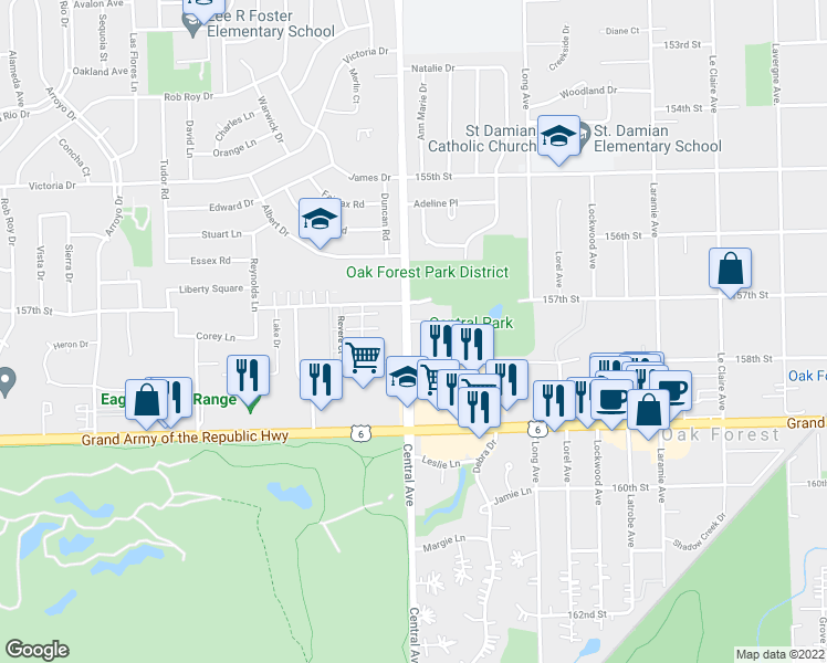 map of restaurants, bars, coffee shops, grocery stores, and more near 15801 Central Avenue in Oak Forest