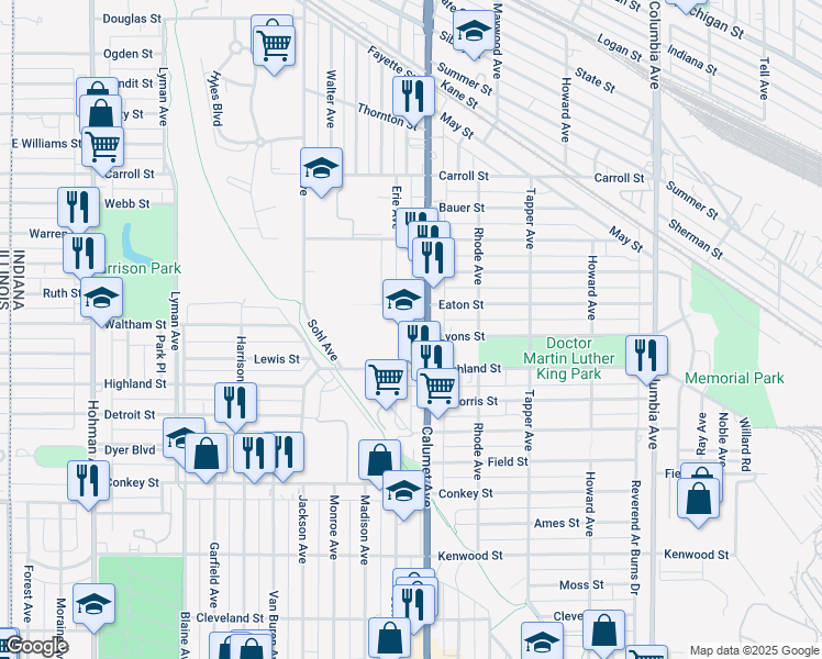 map of restaurants, bars, coffee shops, grocery stores, and more near 5926 Calumet Avenue in Hammond