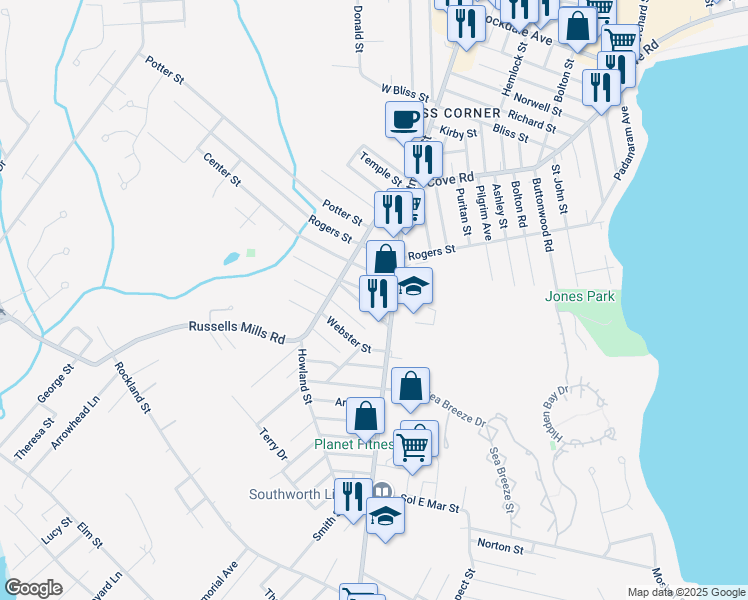 map of restaurants, bars, coffee shops, grocery stores, and more near 651 Dartmouth Street in Dartmouth