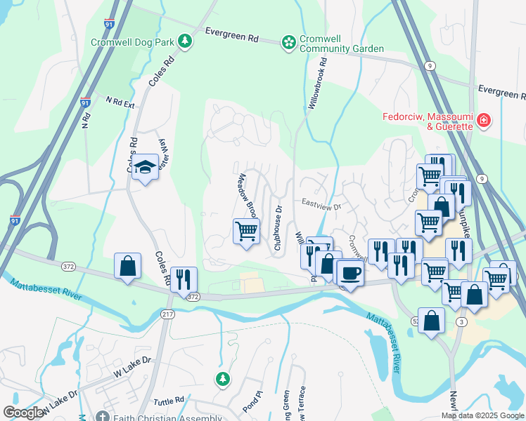 map of restaurants, bars, coffee shops, grocery stores, and more near 31 Woodbridge Lane in Cromwell