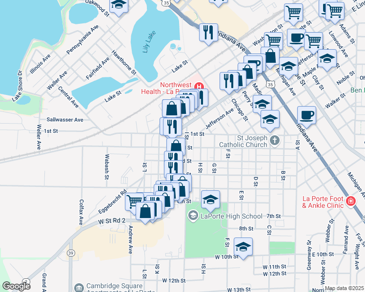 map of restaurants, bars, coffee shops, grocery stores, and more near 201 J Street in La Porte