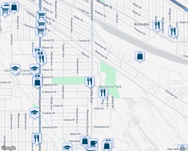 map of restaurants, bars, coffee shops, grocery stores, and more near 1200-1228 Lyons St in Hammond