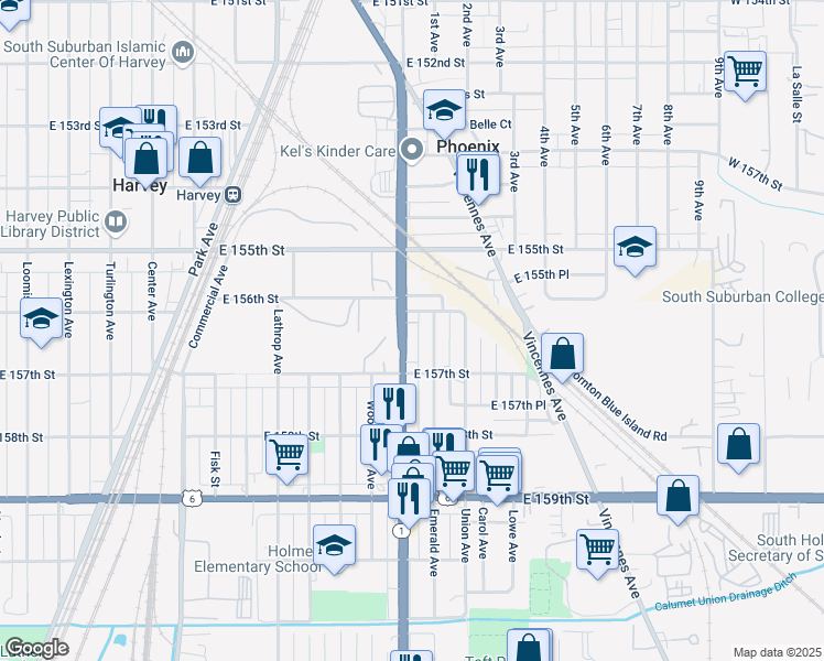 map of restaurants, bars, coffee shops, grocery stores, and more near 15623 Halsted Street in Harvey