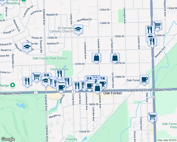 map of restaurants, bars, coffee shops, grocery stores, and more near 5251 157th Street in Oak Forest