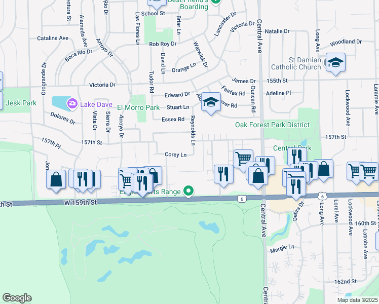 map of restaurants, bars, coffee shops, grocery stores, and more near 15819 Corey Lane in Oak Forest