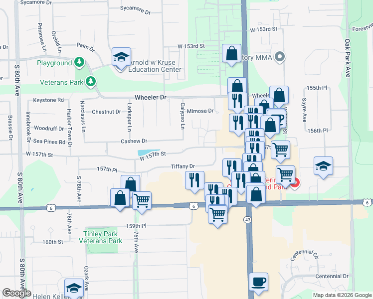 map of restaurants, bars, coffee shops, grocery stores, and more near 7355 West 157th Street in Orland Park