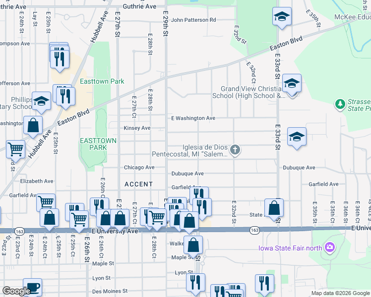 map of restaurants, bars, coffee shops, grocery stores, and more near 2960 Cleveland Avenue in Des Moines