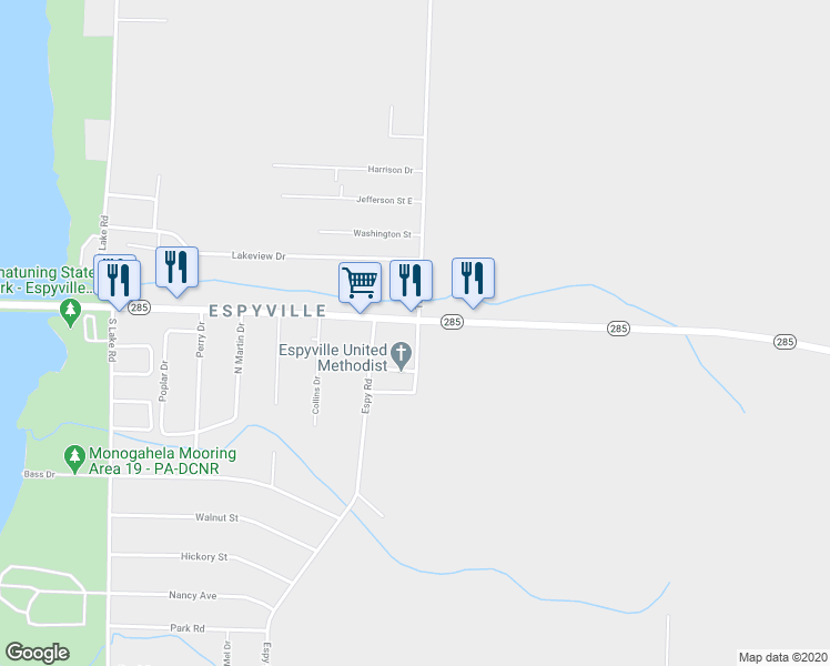 map of restaurants, bars, coffee shops, grocery stores, and more near 1918 Chapel Road in Pymatuning Central