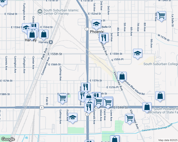 map of restaurants, bars, coffee shops, grocery stores, and more near 15613 Halsted Street in Harvey