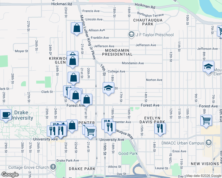 map of restaurants, bars, coffee shops, grocery stores, and more near 1814 Clark Street in Des Moines