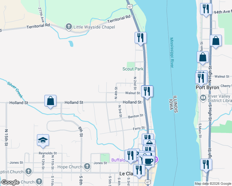 map of restaurants, bars, coffee shops, grocery stores, and more near 799 N 4th St in Le Claire