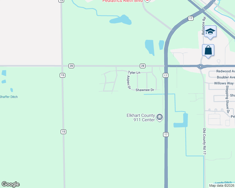 map of restaurants, bars, coffee shops, grocery stores, and more near 4120 Basswood Drive in Goshen