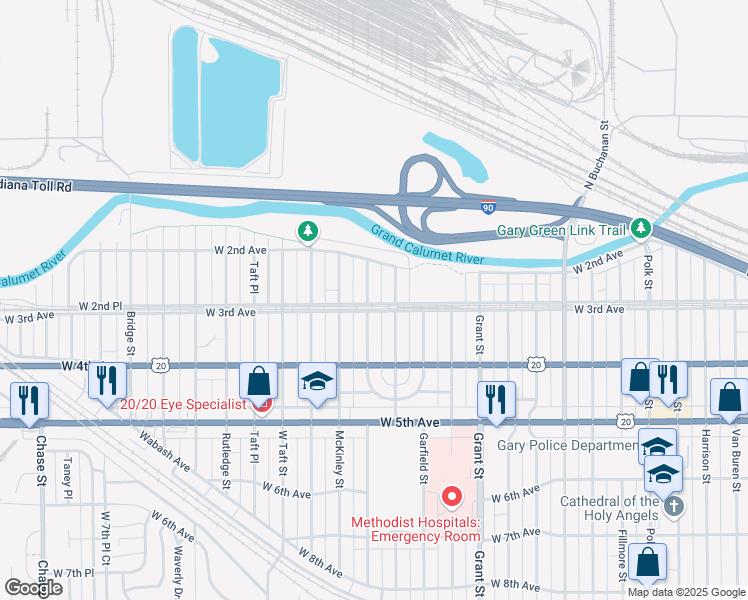 map of restaurants, bars, coffee shops, grocery stores, and more near 273 Cleveland Street in Gary