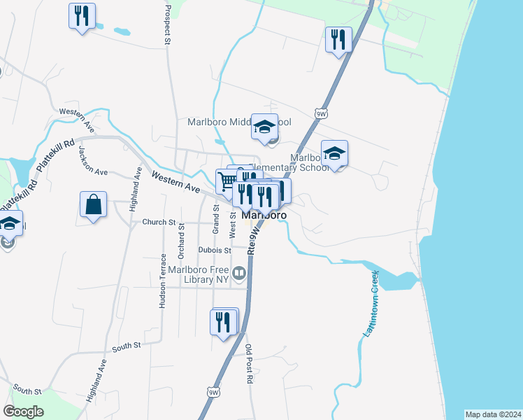 map of restaurants, bars, coffee shops, grocery stores, and more near 1331 North Route 9W in Marlboro