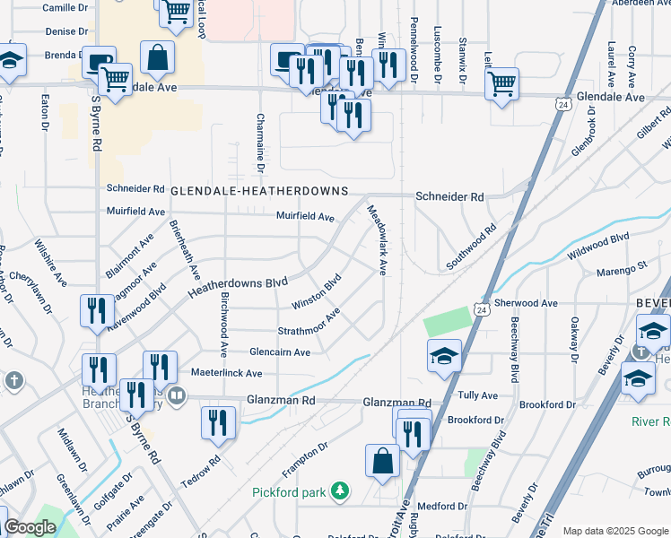 map of restaurants, bars, coffee shops, grocery stores, and more near 1840 Winston Boulevard in Toledo