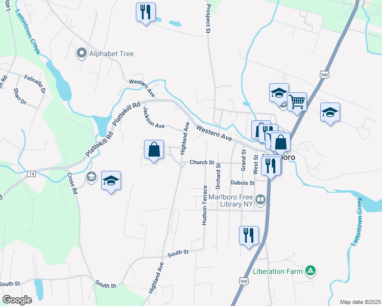 map of restaurants, bars, coffee shops, grocery stores, and more near 40 Church Street in Marlboro