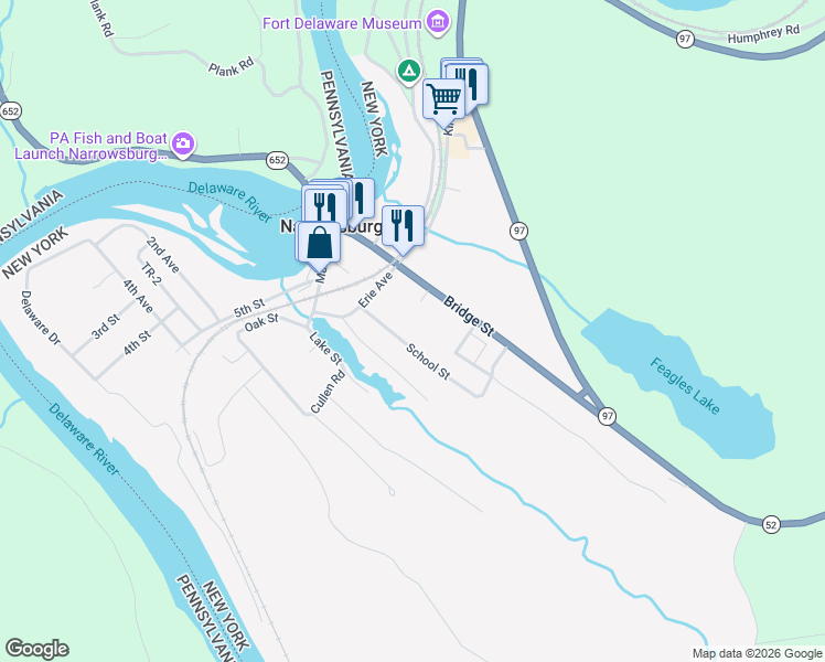 map of restaurants, bars, coffee shops, grocery stores, and more near 42 School Street in Narrowsburg