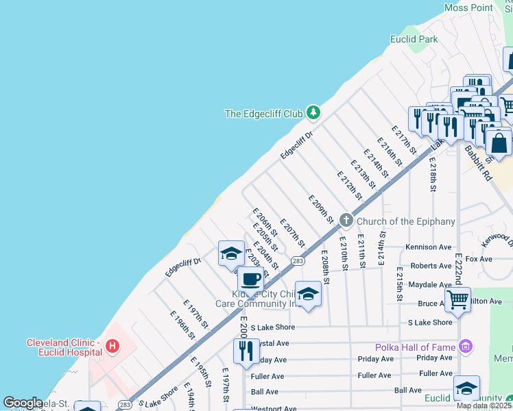 map of restaurants, bars, coffee shops, grocery stores, and more near 20451 Edgecliff Drive in Euclid