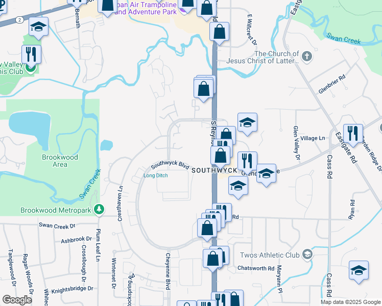 map of restaurants, bars, coffee shops, grocery stores, and more near 5836 Southwyck Boulevard in Toledo