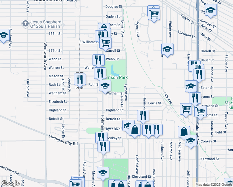 map of restaurants, bars, coffee shops, grocery stores, and more near 5935 Hyslop Place in Hammond