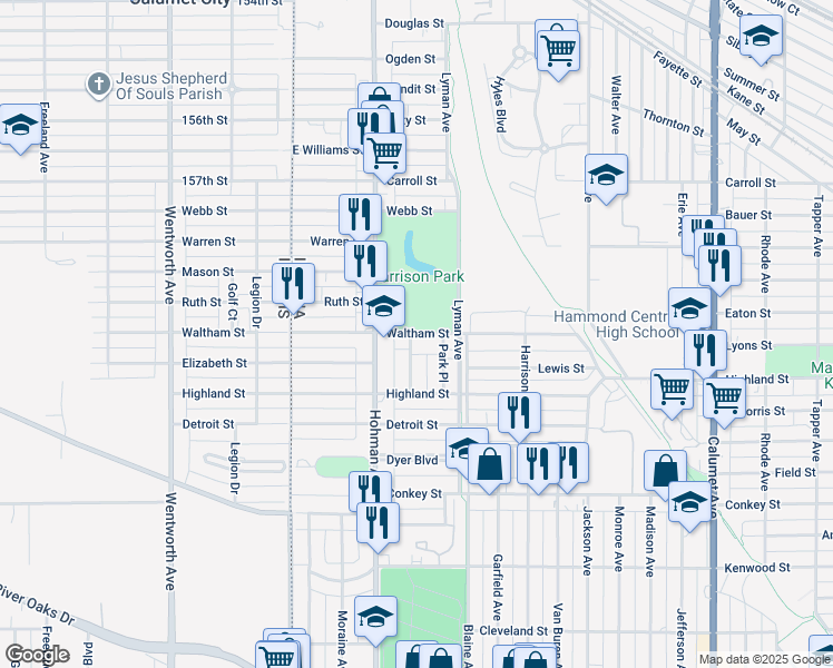 map of restaurants, bars, coffee shops, grocery stores, and more near 5935 Hyslop Place in Hammond