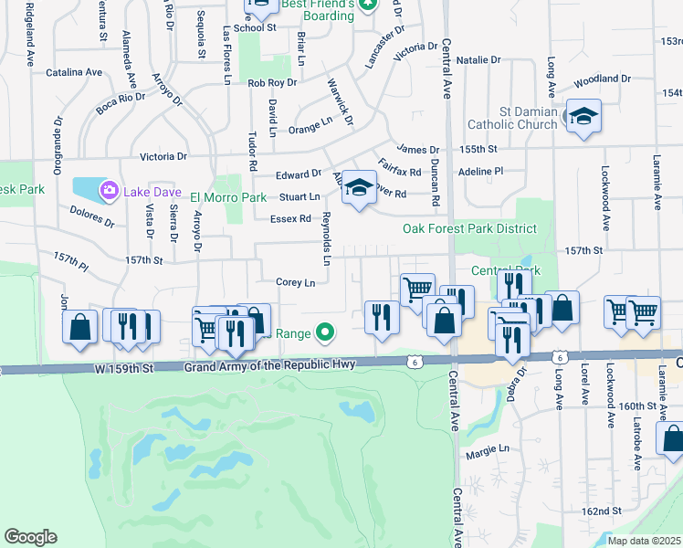 map of restaurants, bars, coffee shops, grocery stores, and more near 15819 Corey Lane in Oak Forest
