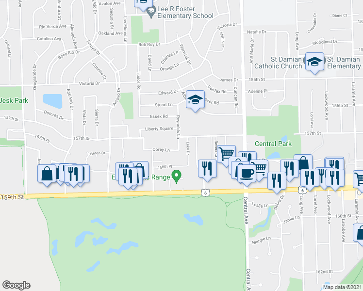 map of restaurants, bars, coffee shops, grocery stores, and more near 15819 Corey Lane in Oak Forest