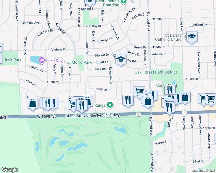 map of restaurants, bars, coffee shops, grocery stores, and more near 15819 Corey Lane in Oak Forest