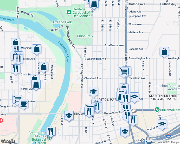 map of restaurants, bars, coffee shops, grocery stores, and more near 808 Cleveland Avenue in Des Moines