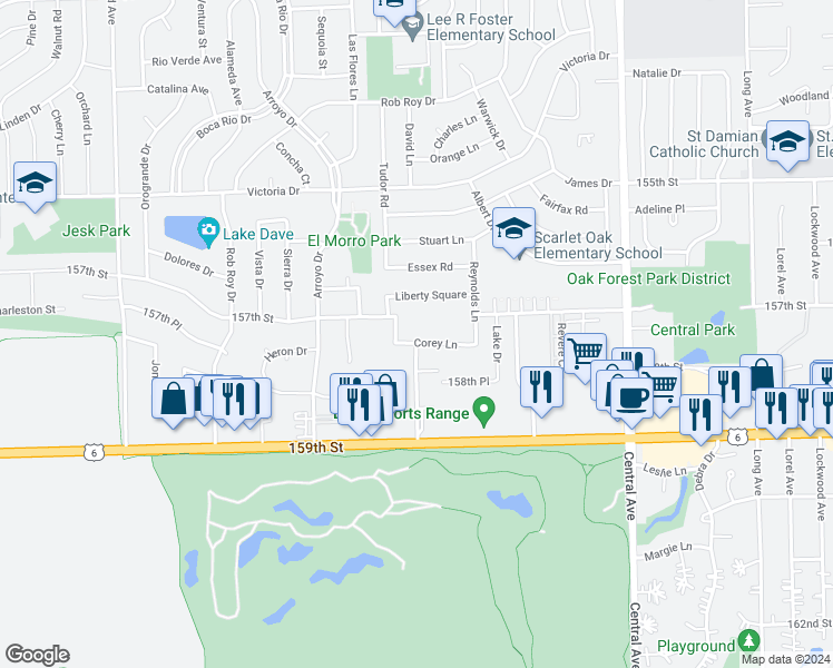 map of restaurants, bars, coffee shops, grocery stores, and more near 101 Terrace Drive in Oak Forest