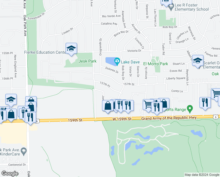 map of restaurants, bars, coffee shops, grocery stores, and more near 15747 Jon Road in Oak Forest