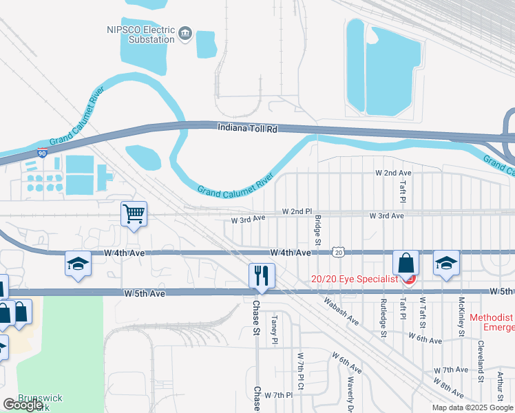 map of restaurants, bars, coffee shops, grocery stores, and more near 271 Waite Street in Gary