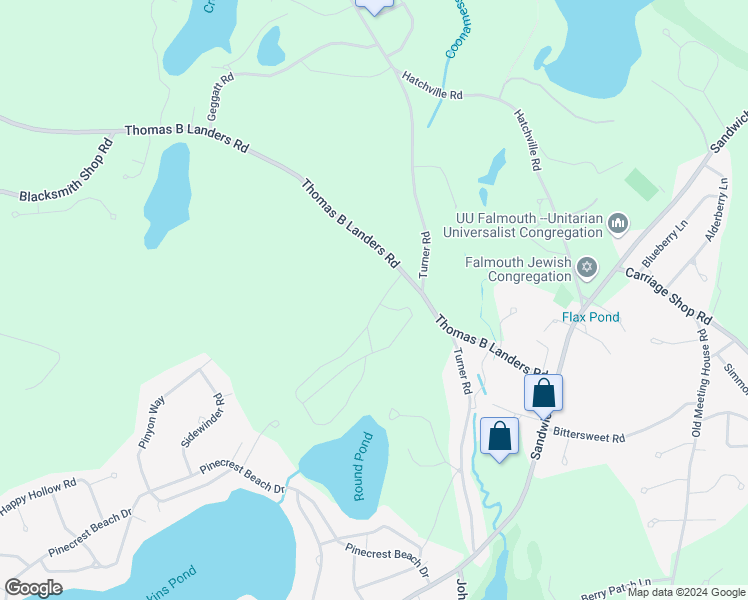 map of restaurants, bars, coffee shops, grocery stores, and more near 176 Thomas B Landers Road in Falmouth