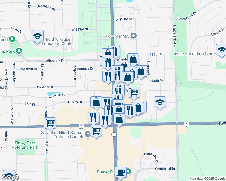 map of restaurants, bars, coffee shops, grocery stores, and more near Harlem Ave & 157th St in Orland Park