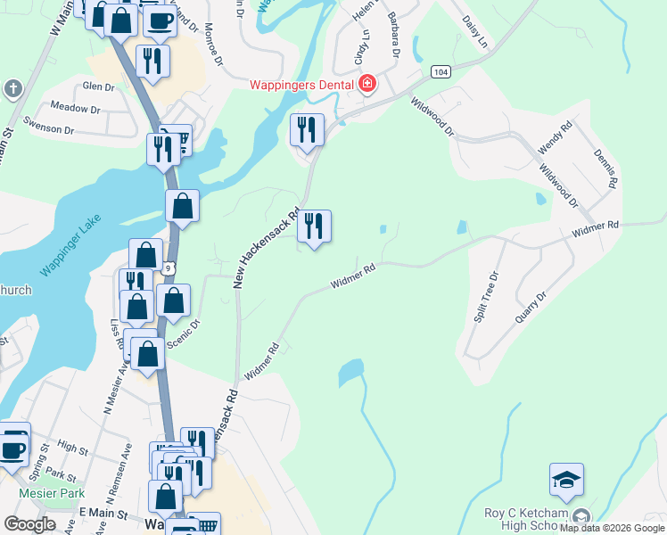 map of restaurants, bars, coffee shops, grocery stores, and more near 37 Widmer Road in Wappingers Falls