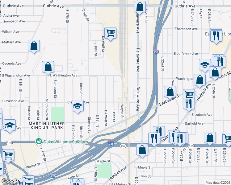 map of restaurants, bars, coffee shops, grocery stores, and more near 1431 East 19th Street in Des Moines