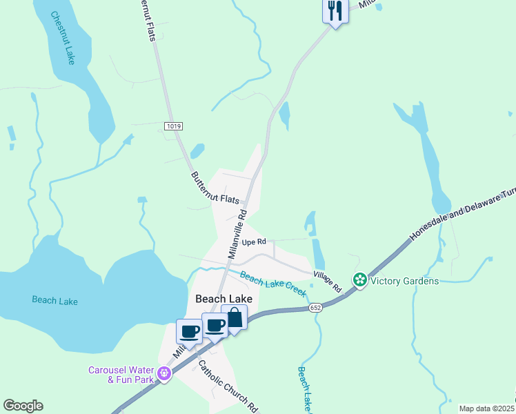 map of restaurants, bars, coffee shops, grocery stores, and more near 122 Milanville Road in Beach Lake