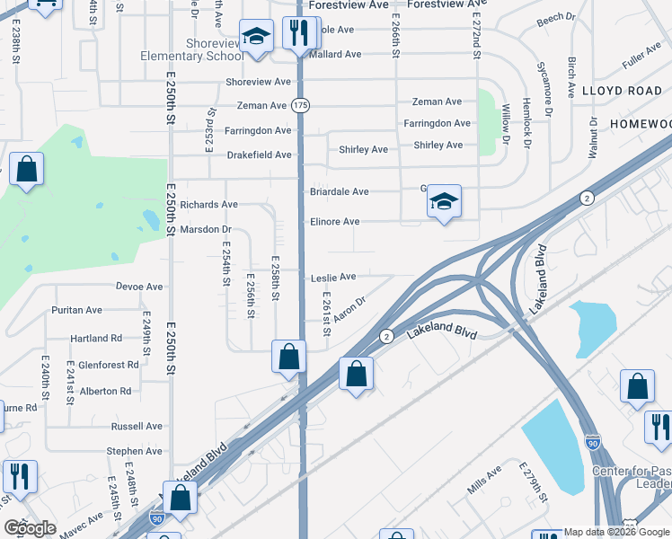 map of restaurants, bars, coffee shops, grocery stores, and more near 26268 Leslie Avenue in Euclid